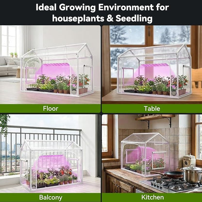 Mini Greenhouse with Grow Light & Timer & Hygrothermograph, 30"x16"x20" Indoor/Outdoor Tabletop Greenhouse with 96 LEDs Dimmable Full-Spectrum Lights (3 Colors), for Houseplants,Seedlings, Outside