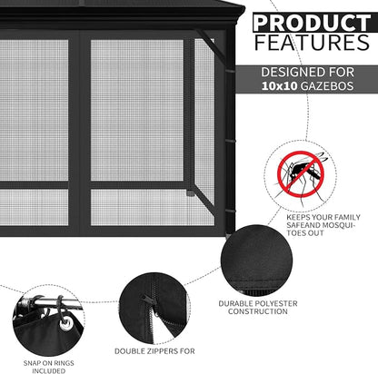 Gazebo Universal Replacement Mosquito Netting, Outdoor Mesh Netting Screen 4-Panel Sidewall with Zipper for Patio, Canopy, Garden and Backyard, Black, 10' x 10'