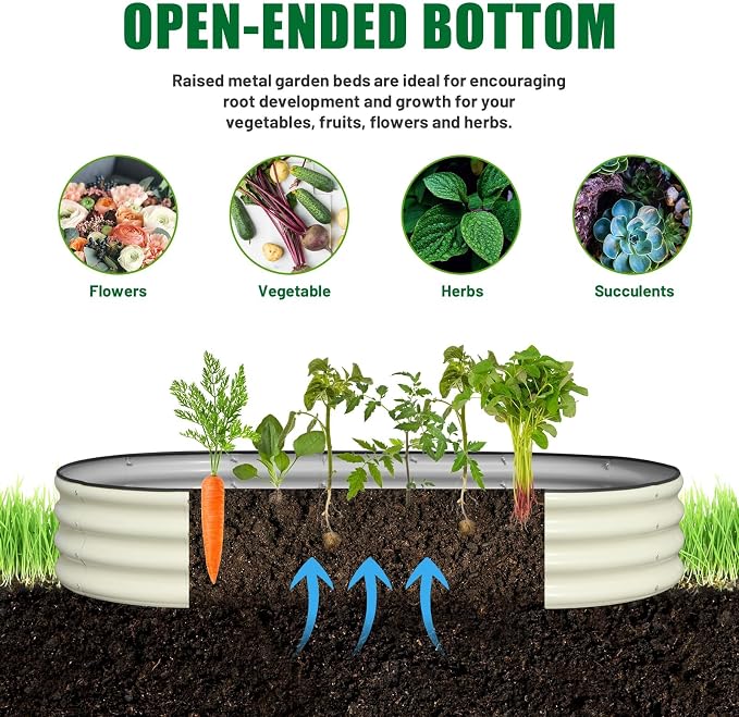 SnugNiture 2 Pcs 6x3x1ft Oval Metal Raised Garden Bed for Vegetables, White | Protective rubber edging strips thickened corrugated galvanized steel