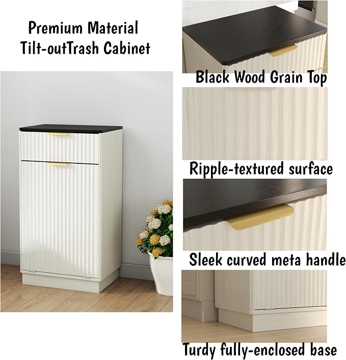 Ball & Cast 10-Gallon Tilt Out Trash Can Cabinet with Hideaway Drawer, Wooden Freestanding Garbage & Recycling Cabinet, Wave-Textured Pull-Out Bin for Kitchen, Bathroom, Living Room (White)