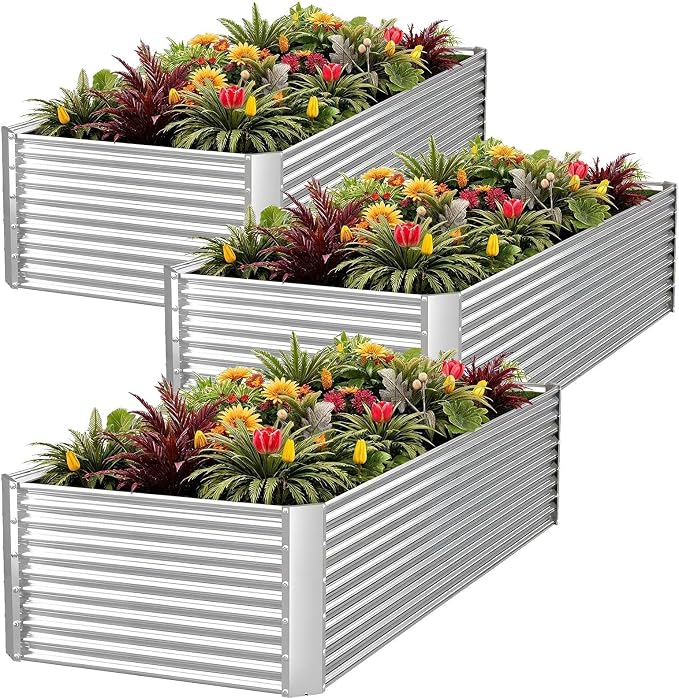 3pcs Tall Galvanized Raised Garden Bed Outdoor,Steel Garden Bed for Vegetables,Above Ground Garden Box for Flower,Metal Raised Beds for Gardening - 4x2x1.5ft