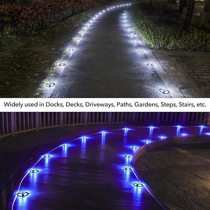 AGPTEK Solar Driveway Lights Outdoor 12 Pack, 2 Color Modes LED Deck Dock Marine Waterproof Security Marker Lights for Step Sidewalk Stair Garden Pathway Walkway Yard(Blue Light/Cool White, Black)