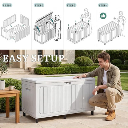 YITAHOME 90 Gallon Outdoor Storage Box with 6 Heavy-Duty Metal Legs & | Large Double-Wall Resin Deck Box, Lockable Waterproof Patio Organizer for Furniture, Cushions, White