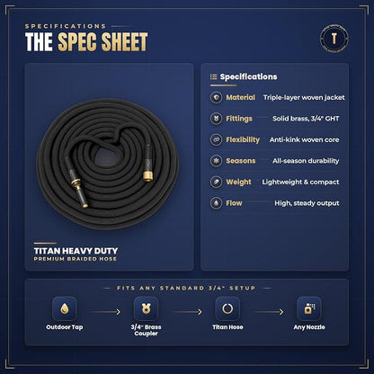 TITAN Garden Hose | Flexible, Lightweight, Kink-Free & Durable Hybrid Water Hose with Heavy Duty Brass Connectors & High-Pressure Jet Nozzle (50FT x 1/2”)
