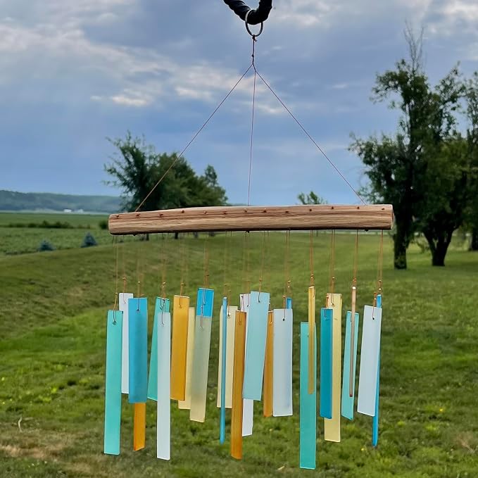 Caribbean Beach Glass Driftwood Wind Chime, Coastal Decor, 11 Inch | Turquoise Beach Colors; Driftwood Accent; Tropical Coastal Decor; Handcrafted Chime