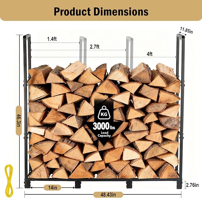 facka 48inch Firewood Rack Outdoor, Metal Wood Rack | Iron Fire Log Stacker Holder for Fireplace, Patio, Porch, Yard, Garden, Indoor Outdoor Wood Storage