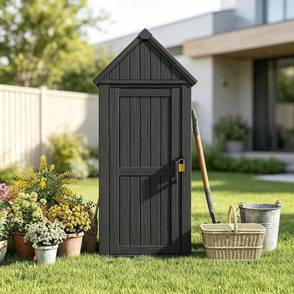 Bifanuo Deck Box Storage Shed Outdoor Storage Cabinet, Vertical Waterproof Resin Material Plastic Shed with Removable Shelves, 12 Hooks and Lock Ring for Garden, Pool and Patio (Black)