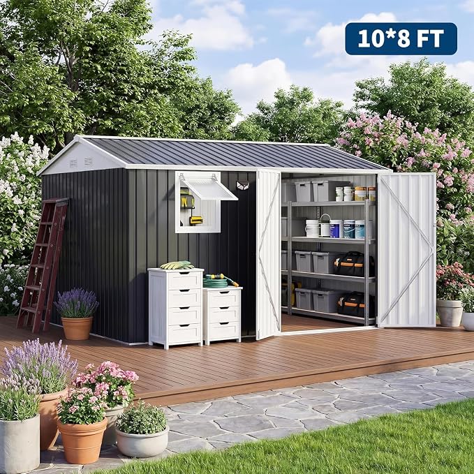 Garvee 10x8 FT Heavy-Duty Metal Outdoor Storage Shed with Solar Light | Motion Sensor Light, Window, Pegboard Tool Organizer, Lockable Doors, 4 Air Vents for Garden Patio Backyard Garage