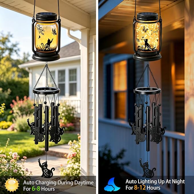 2 Pack Solar Cat Wind Chimes for Outside, Birthday Mother' s Day Gifts for Mom Women Grandma,Solar Cat Wind Chime Light Hanging Wind Chimes Outdoor,IP65 Waterproof, Yard Garden Terrace