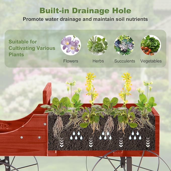 HAPPYGRILL Wooden Wagon Planter, 24.5” x 13.5” x 24” Decorative Garden Planter w/ 2 Planting Sections, Wheels, Handle, Small Decorated Cart, Flower Planter Box for Indoor Outdoor Patio (Red)