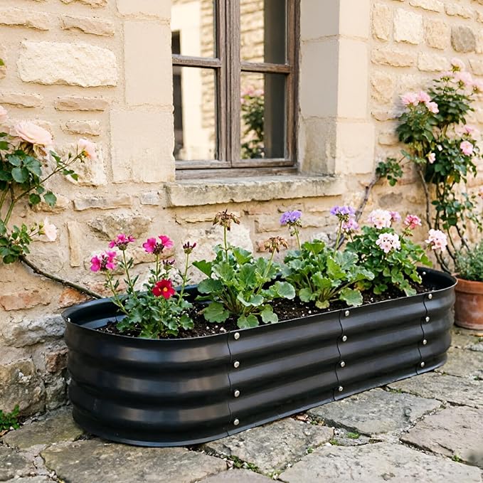 GrowHaus 4x2x1ft Galvanized Raised Garden Bed, Planter Boxes Outdoor Metal Garden Beds for Planting Vegetables Flowers Herbs Dark Gray