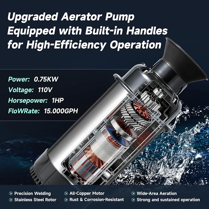 Pond Fountain Aerator, 1HP 110V 750W 15000 GPH Stainless Steel Floating Aerating Fountain Pump with 100 FT Power Cord, Timer, 2 x 100 FT Traction Rope, Powerful Lake Pond Aerator for Larger Ponds