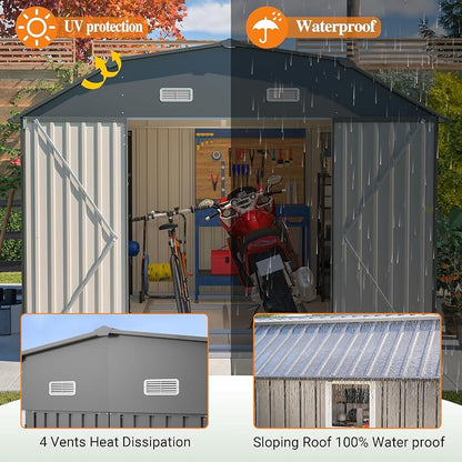 YOPTO 10×12 FT Outdoor Storage Shed,Heavy-Duty Metal Shed with Floor Base,All Weather Waterproof Tool Shed W/Diamond Roof & Windows,Lockable Double Door & 4 Air Vents,for Backyard,Patio,Lawn,Gray