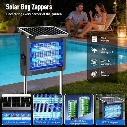 Solar Bug Zapper Outdoor Waterproof, USB-C Rechargeable Mosquito Zapper, 4500V Electric Bug Zapper, Solar Mosquito Trap Fly Insect Killer for Patio Garden Backyard Garage(Gray)