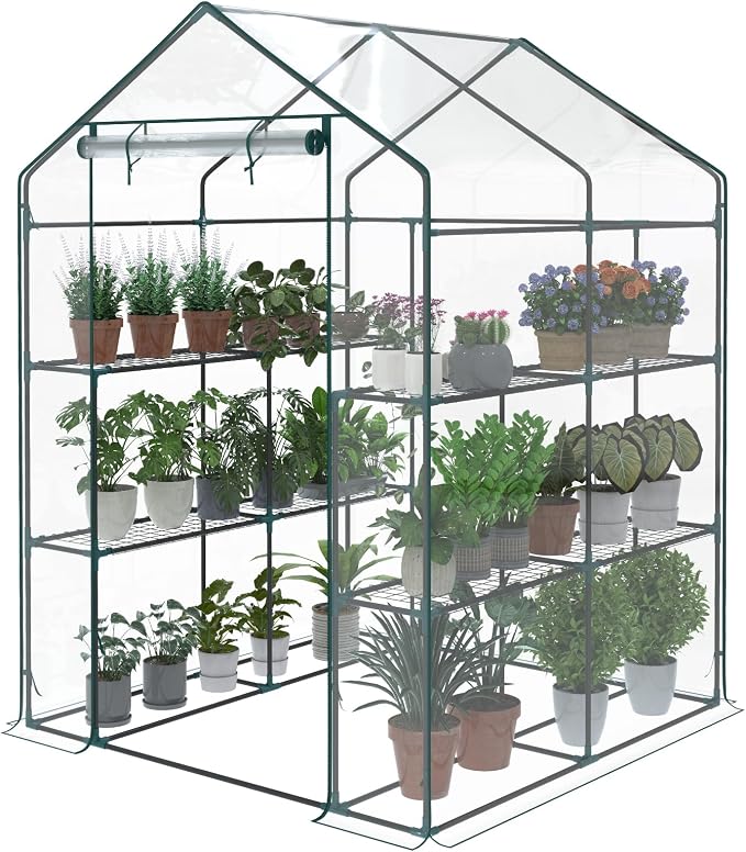 Sweetcrispy Outdoor Greenhouse, Walk-in Greenhouse with Durable PVC Cover, 2 Tier 8 Plant Shelves, 56"x56"x77" Portable Greenhouses for Outdoor Garden, Patio, Porch, Backyard Green Houses, Clear