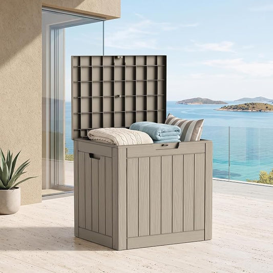 Outdoor Storage Box, 35 Gallon Waterproof Deck Box [Upgraded 3.1], Tool-Free Resin Storage for Patio Cushions, Balcony Pool Toys, Lockable Outside Side Table Ottoman, Balcony, Grey