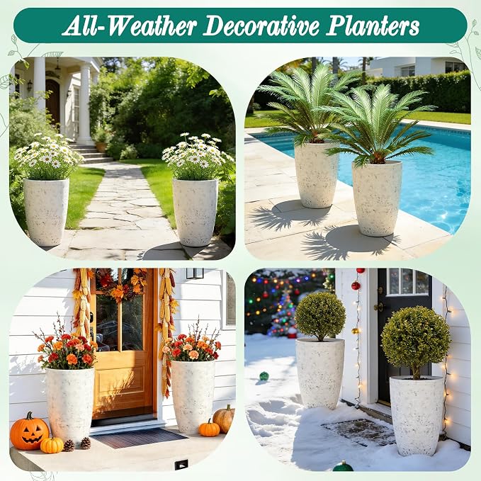 Autodaya 19.5" Resin Tall Planters for Outdoor Plants, Set of 2 Flower Pots | Country White Large Outdoor Planters With Birch Bark Texture, Heavy-Duty, Weather-Resistant For Year Round Indoor Outdoor Use