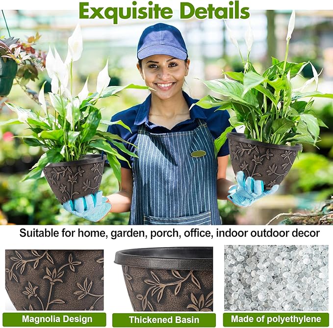 Nooulap 10 Inch Flower Pots Outdoor, Plastic Planters 4 Pack | Drainage & Trays, Indoor Outdoor, Medium Plants Pot, Home Balcony Garden Decor, Brown Vintage Flower Pattern