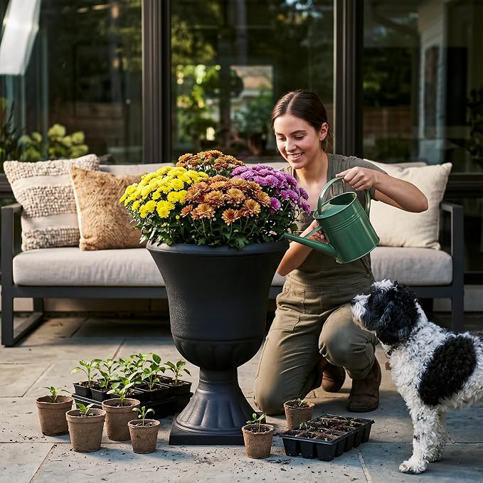 Worth Garden 2-Pack Plastic Urn Planters for Outdoor Plants, 22'' Black Tall Round Classic Resin Traditional Flower Pots - 15 in. Dia Large Imitation Stone Decorative Pot Patio Deck Front Porch