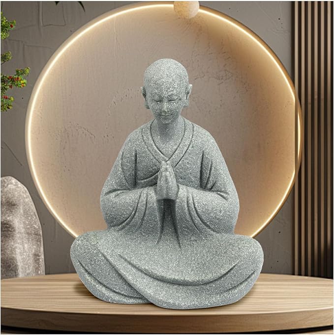 Zen Monk Statue Meditation Decor - Craft Sandstone 3.7inch Small Buddha Statue, Praying Pose for Desk Decor, Unique Gift for Buddha Lovers