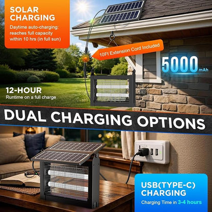 Solar Bug Zapper Outdoor-4500V Mosquito Zapper Outdoor Fly Killer-with Dual Adjustable Solar Panel Waterproof-Portable Electric Fly Trap for Patio, Garden, Backyard, and Camping