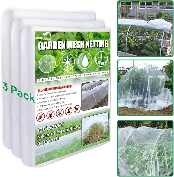 SnugNiture 3 Pack Garden Netting 10x33FT Ultra Fine Mesh Mosquito Netting Plant Covers, White Bird Netting Barrier Greenhouse Row Cover Protect Fruits Flower Vegetables from Birds Deer & Squirrels