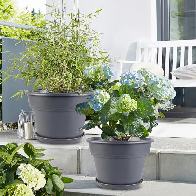 Myfeegoin 16-inch-Plant-Pots, 4 Pack Large Planters for Outdoor Plants, Plastic Flower Pots Indoor with Drainage Holes & Trays, Classic Garden Pot Container for House