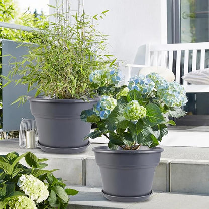 Myfeegoin 13-inch-Plant-Pots, 4 Pack Large Planters for Outdoor Plants, Plastic Flower Pots Indoor with Drainage Holes & Trays, Classic Garden Pot Container for House