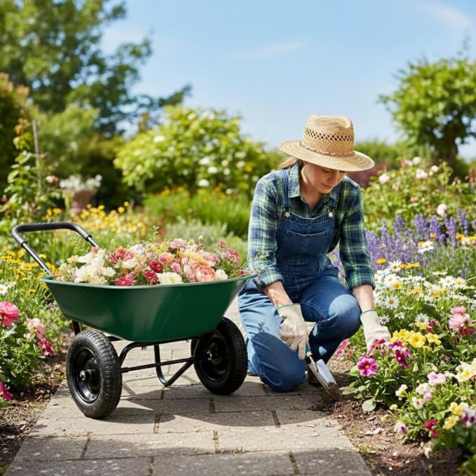 ERGOMASTER Dual-Wheel Wheelbarrow, Home Utility Garden Cart, 330 LBS Capacity, Large Heavy Duty Yard Cart for Gardening & Planting, Lawn, Farm, Construction Site, Green