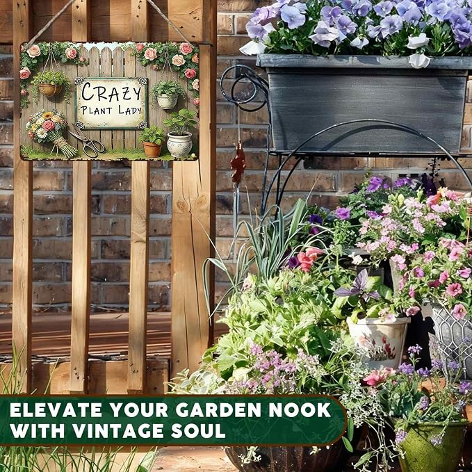 PEACHGARDEN Garden Signs Gardening Wall Decor For Woman Gift Crazy Plant Lady Metal Sign Wall Art Decor For Garden Yard Patio Plant Room Greenhouse 8x12 inch