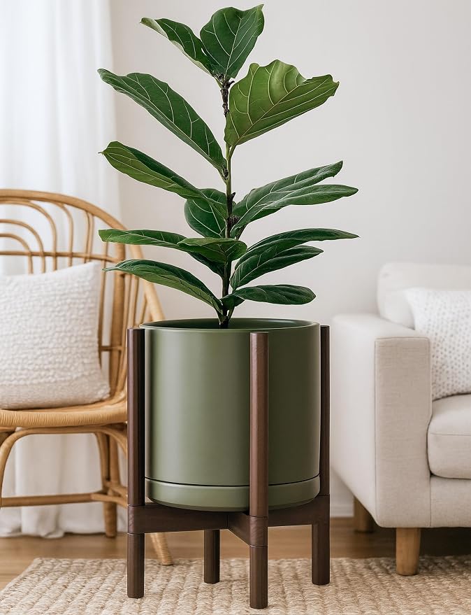 D'vine Dev Ceramic Planter with Walnut Color Stand - 12 Inch Modern Round Flower Pot with Wood Planter Holder, Olive, 55-B-W-J