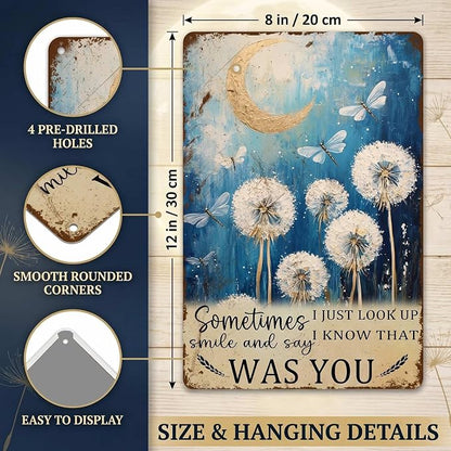 PEACHGARDEN Dragonfly Sign Dandelion Decor Wall Art - "I Know That Was You" Whimsical Home Decor, Vintage Memorial Metal Sign for Bedroom Living Room 8x12 Inch