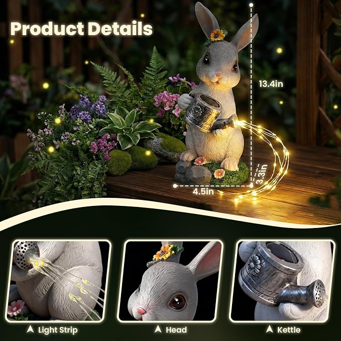 Solar Rabbit Garden Statues Outdoor Decor, Resin Rabbit Figurine Decorations with Solar Watering Can Light, Whimsical Bunny Sculpture for Garden Patio, Balcony, Yard, Lawn Ornament