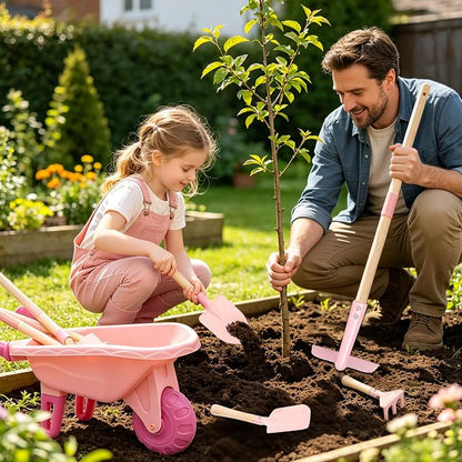 Kids Gardening Set with Wheelbarrow, Metal Kid Gardening Tools Set with Long Handle Tool, Hand Tool & Gloves, Backyard Gardening Tools for Kids Outdoor Play Birthday Gifts