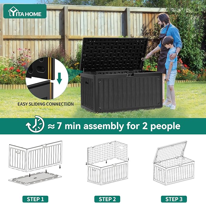 YITAHOME 90 Gallon Double-Wall Deck Box with Side Handles | Outdoor Large Storage for Patio Furniture Cushions, Garden Pool Accessories, Water Resistant & Lockable