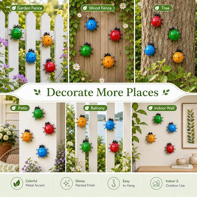 MACLARONX Metal Ladybugs Outdoor Yard Art Garden Fence Decor Set of 4 Cute Lady-Bugs Wall Sculptures Colorful 3D Ornaments for Backyard Balcony Patio