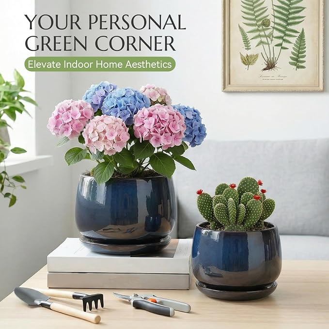 10.3 Inch Flower pots for Indoor Outdoor Plants with Saucer Drainage Leak-Proof Mesh, Ceramic Planter with Gardening Gloves for Succulent and Flower(Metallic Black)