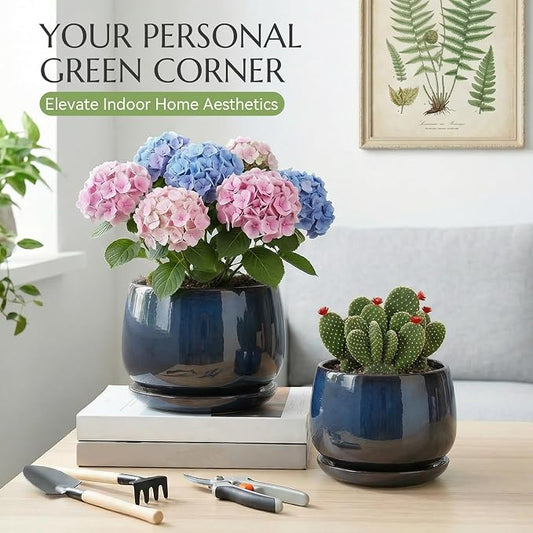 10.3 Inch Flower pots for Indoor Outdoor Plants with Saucer Drainage Leak-Proof Mesh, Ceramic Planter with Gardening Gloves for Succulent and Flower(Metallic Black)