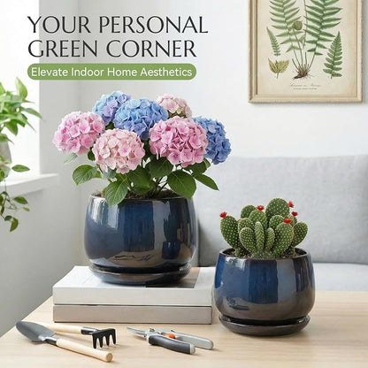 7.5 Inch Flower pots for Indoor Outdoor Plants with Saucer Drainage Leak-Proof Mesh, Ceramic Planter with Gardening Gloves for Succulent and Flower (Metallic Black)