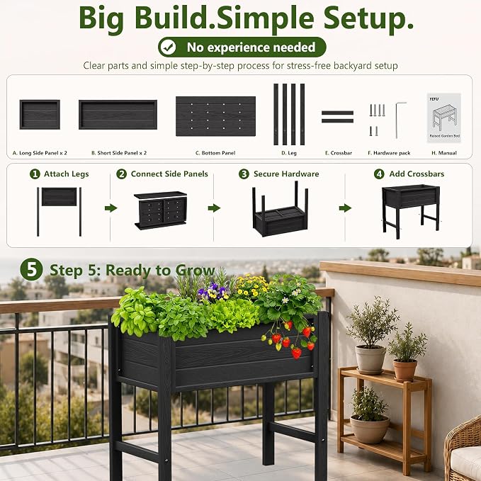 YEFU Raised Garden Bed with Legs: Compact Waterproof HDPS Outdoor Elevated Planter Box with Drainage Holes - 34x18x30 Inch for Patio/Balcony to Grow Vegetables/Herbs - 385 lbs Capacity, Black