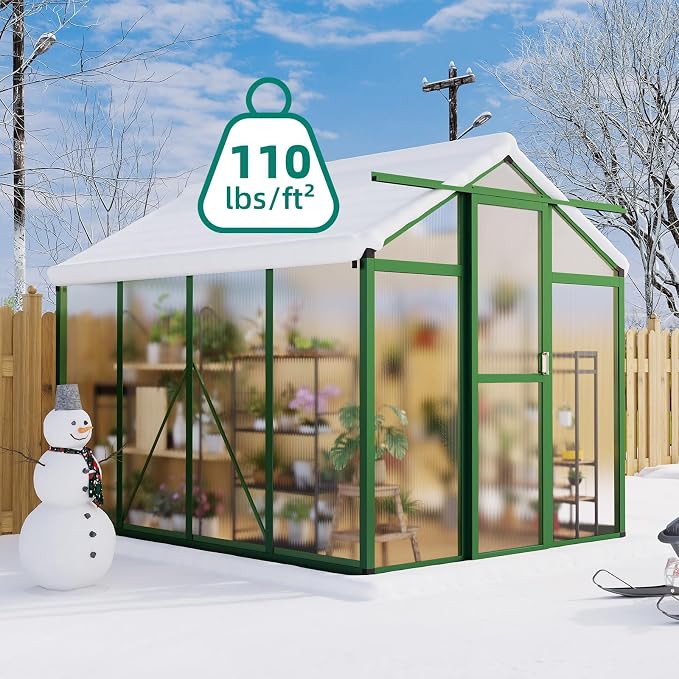 Garvee 6x8ft Walk-in Greenhouse, Heavy Duty Large Outdoor Green House | Polycarbonate Garden Greenhouse with Roof Vent, Lockable Smooth-Gliding Sliding Door & Aluminium Frame for Backyard, Green