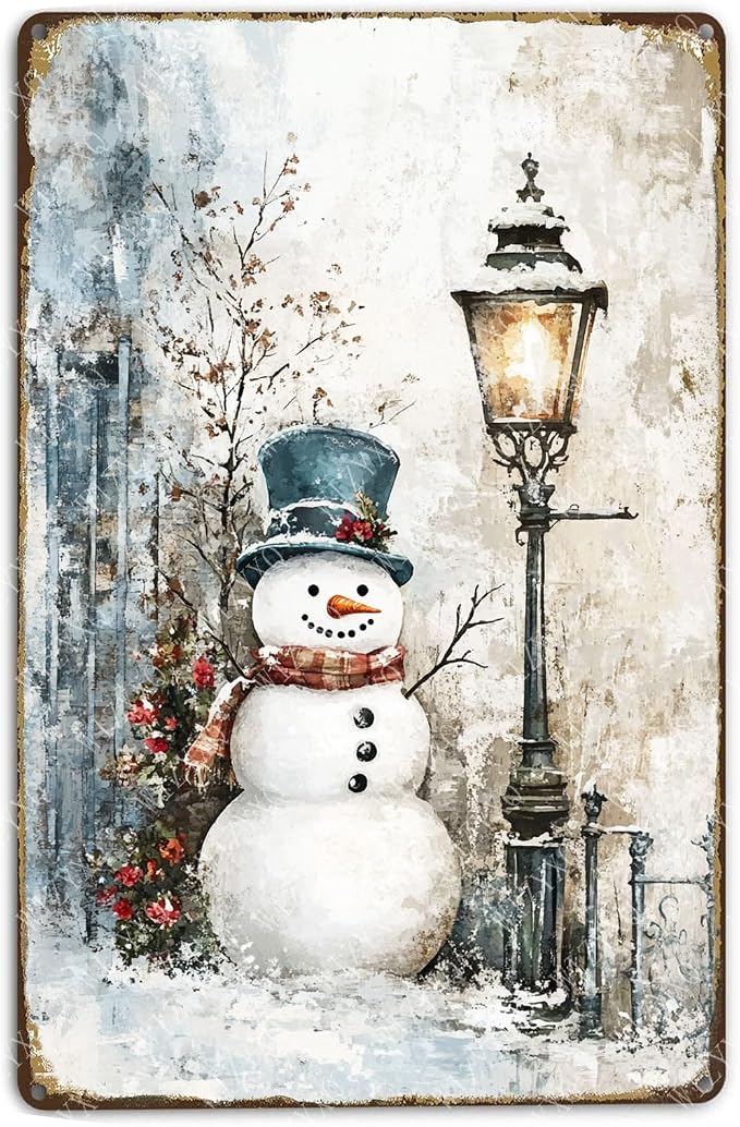 Snowman Sign Winter Vintage Metal Signs Aluminum Tin Signs for Farmhouse Outdoor Home Yard Garden Bar 12×8 Inch