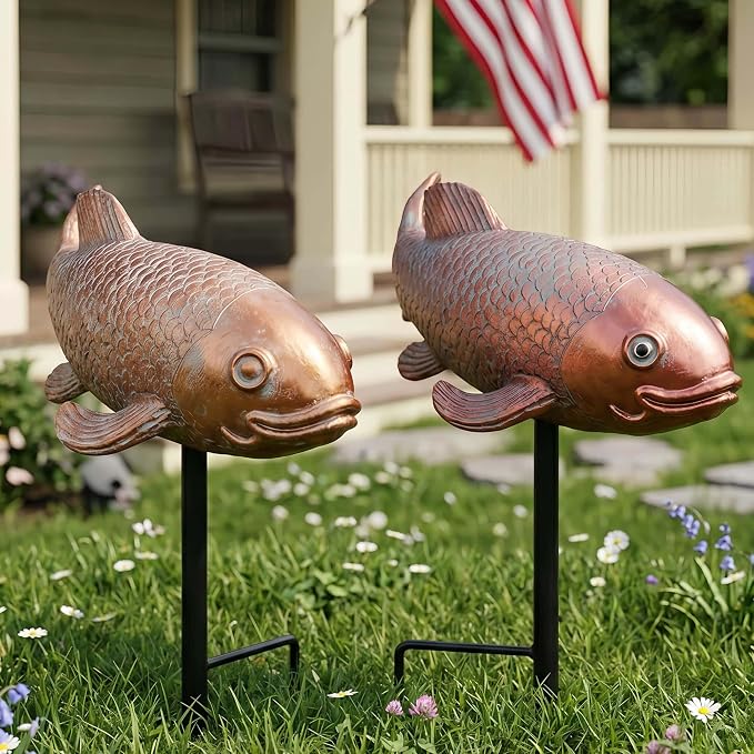 Koi Fish Decor, Set of 2 Antique Koi Garden Statues Art, Pond Accessories, Yard Pond Decor, Large Outdoor Garden Statues Ornaments, Real Fish Sculpture Art (10.8")