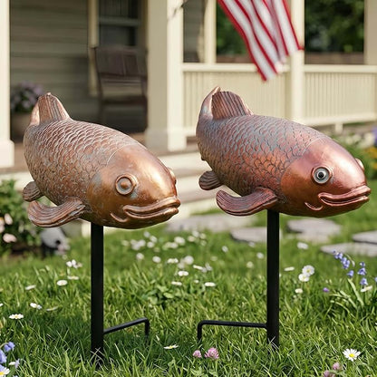 Koi Fish Decor, Set of 2 Antique Koi Garden Statues Art, Pond Accessories, Yard Pond Decor, Large Outdoor Garden Statues Ornaments, Real Fish Sculpture Art (10.8")