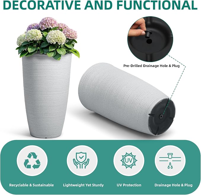 2-Pack 23.5" White Plastic Tall Tapered Planters with Ribbed Texture | Set of 2 PP tall planters with white faux terrazzo look, ribbed texture, drainage plugs, and UV-treated finish for porch