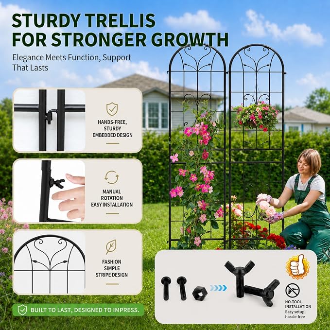 2-Pack 87" x 20" Ornate Scrollwork Arch Black Metal Garden Trellises | Set of 2 rust-resistant trellises with heart scrollwork, arched tops, stakes, and support for roses, vines, or vegetables