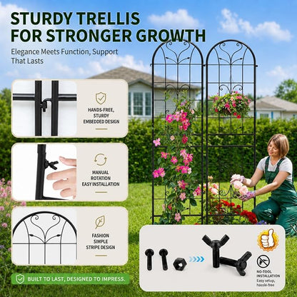 4-Pack 87" x 20" Ornate Scrollwork Arch Black Metal Garden Trellises | Set of 4 rust-resistant trellises with Ornate Scrollwork, arched tops, stakes, and support for roses, vines, or vegetables