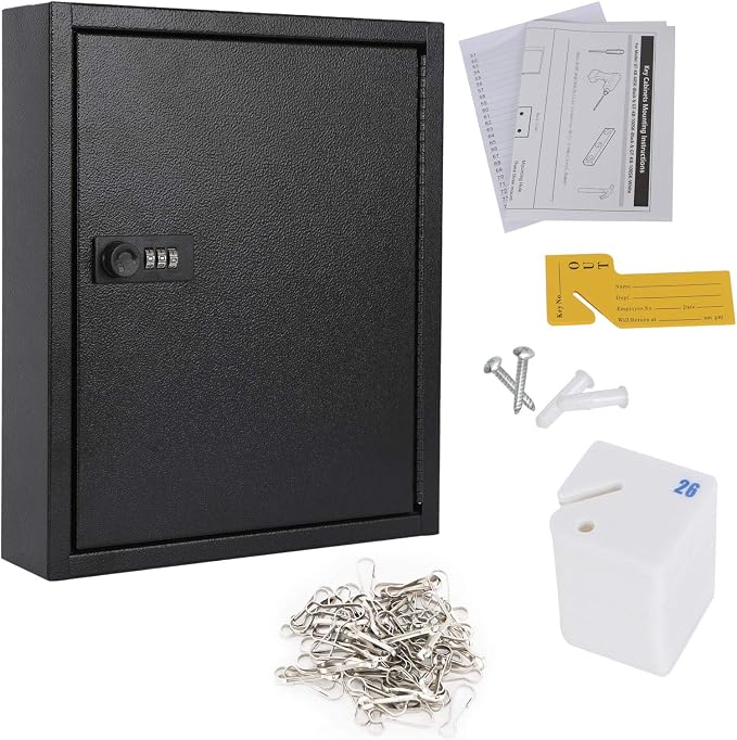 KYODOLED Key Box, Wall Mount 60 Key Cabinet, Combination Lock, Black | Numbered Key Storage Organizer, Secure Lock Box, Key Hooks & Labels, Home, Office & Property Management, 12.1 x 10.2 x 2.5 In