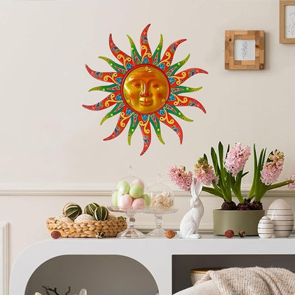 16 Inch Colorful Sun Face Metal Wall Decor, Indoor Outdoor Hanging Art for Farmhouse Patio Yard Bedroom