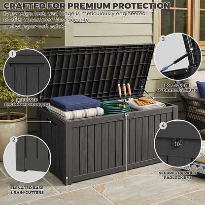 Outdoor Storage Box, 150 Gallon Waterproof Deck Box [Upgraded 3.0], Piston-Assisted Resin Trunk for Sectional Sofa Cushions, High-Capacity Lockable Double Storage Bench, Patio Lounge, Black